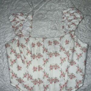 Hazel Boutique Floral Corset Top in White with Pink Roses
